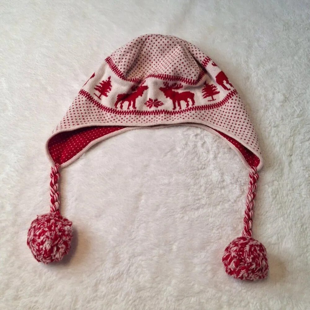 Abercrombie & Fitch Earflap Beanie Sz O/S Moose Wool Blend Pom Pom Fair Isle